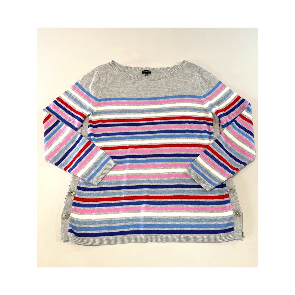 Talbots Multicolor Stripe Heather Gray Knit Sweater Size M Side Button Trim